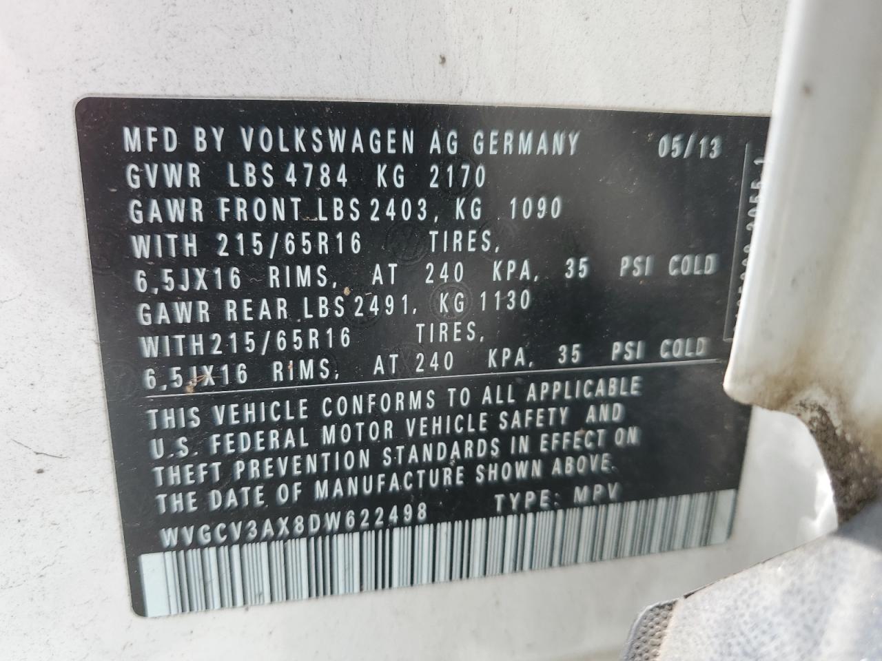 WVGCV3AX8DW622498 2013 Volkswagen Tiguan S