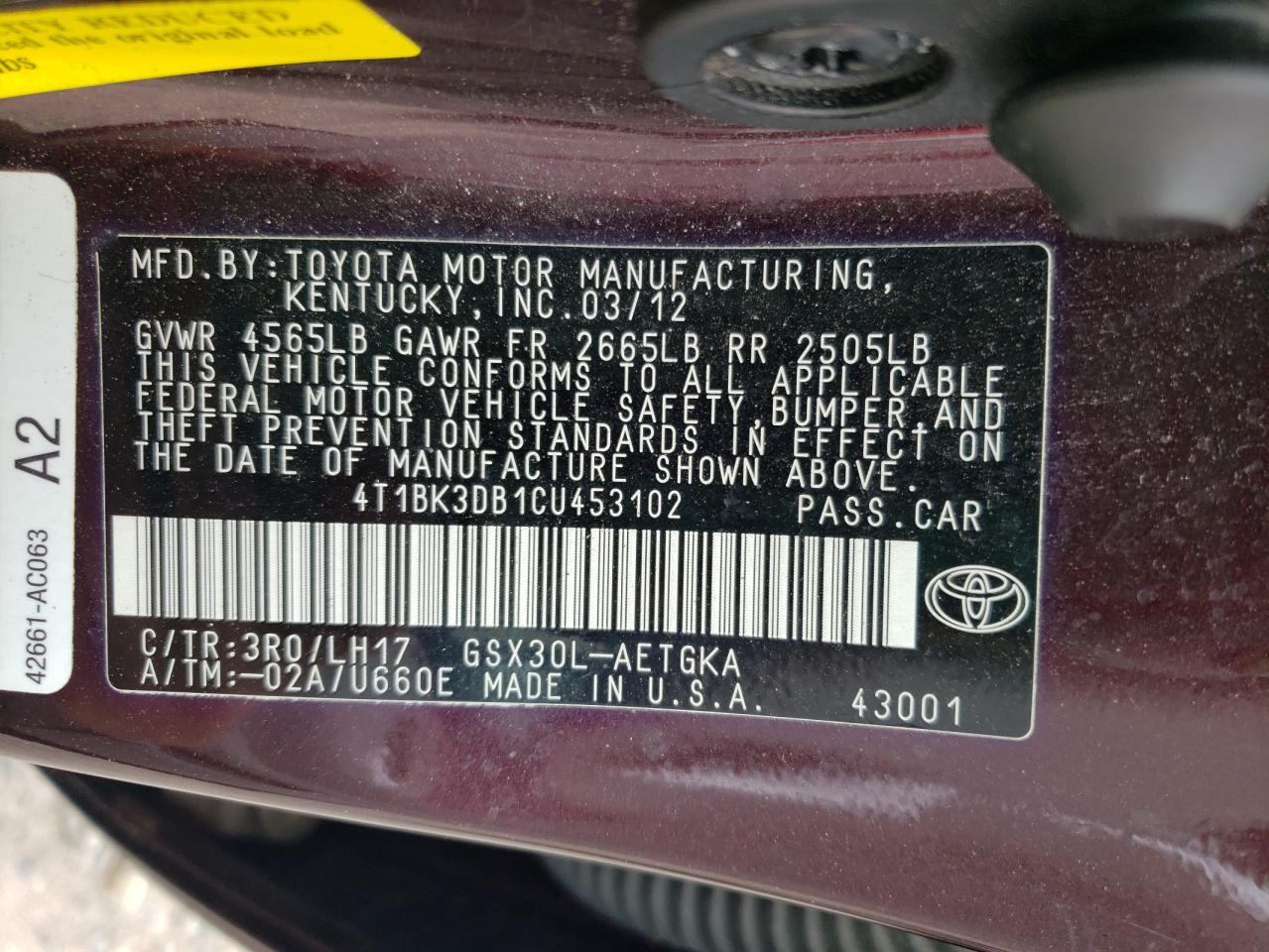 4T1BK3DB1CU453102 2012 Toyota Avalon Base