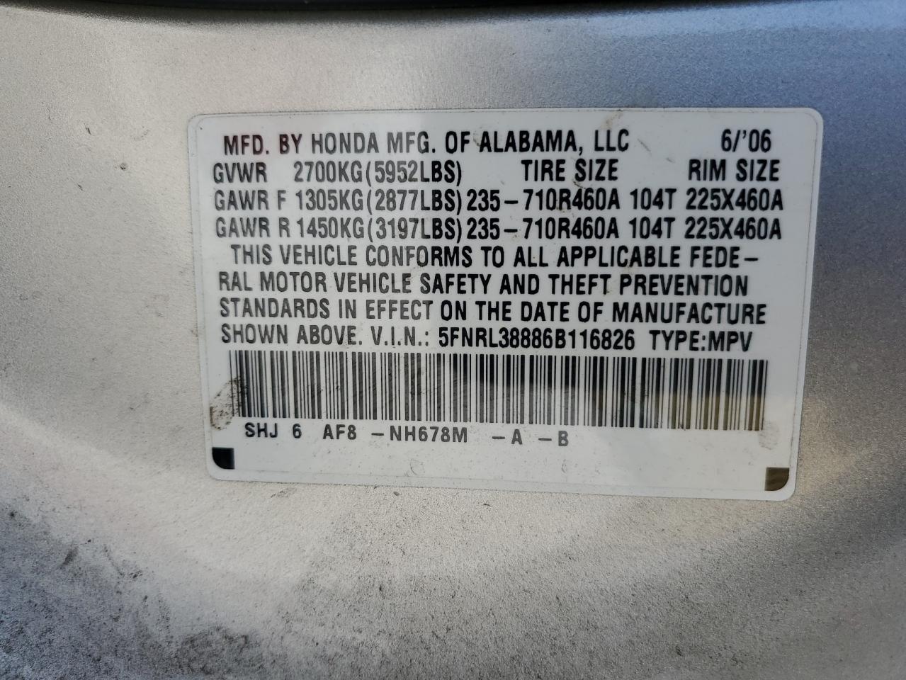 5FNRL38886B116826 2006 Honda Odyssey Touring