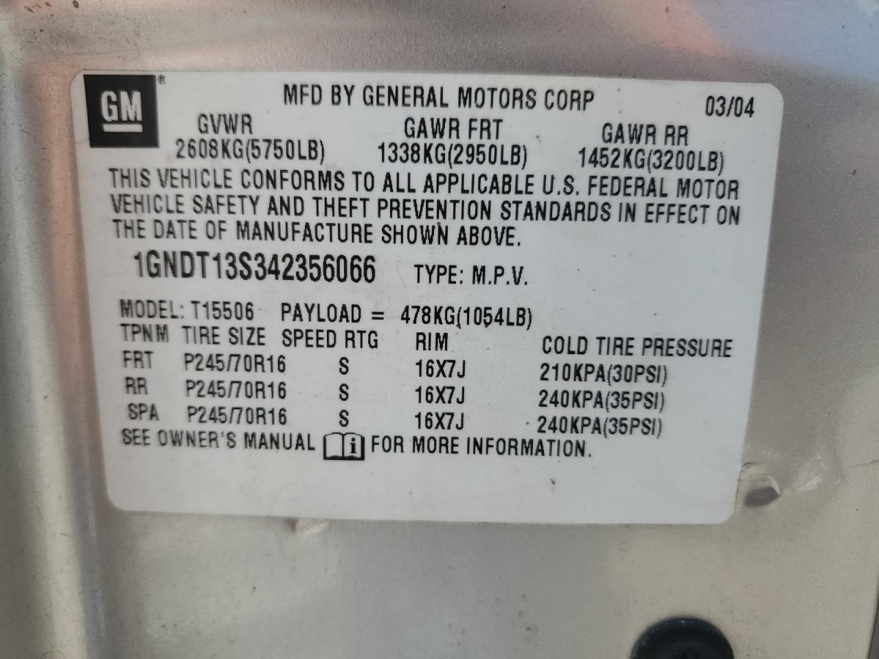 1GNDT13S342356066 2004 Chevrolet Trailblazer Ls