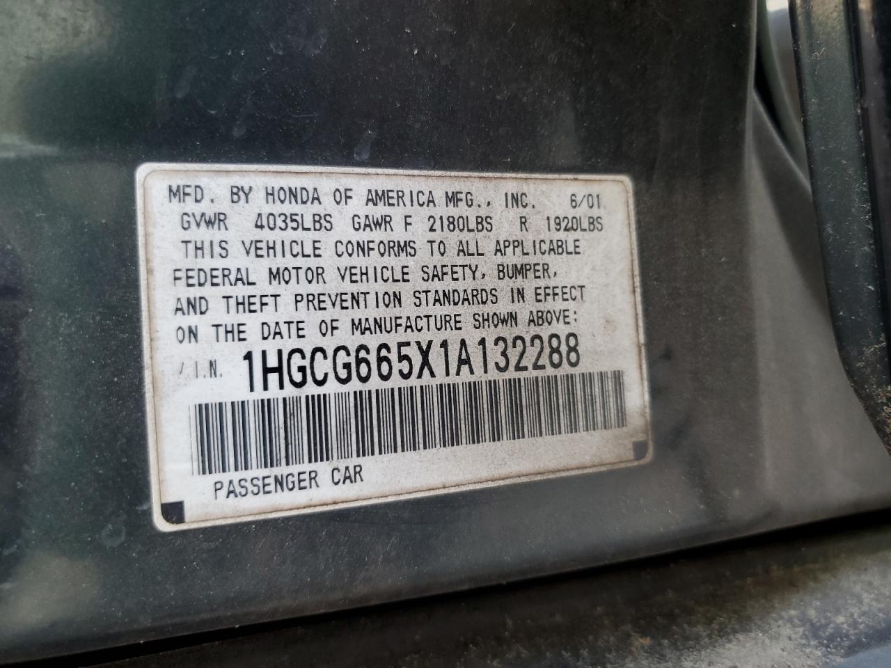 1HGCG665X1A132288 2001 Honda Accord Lx