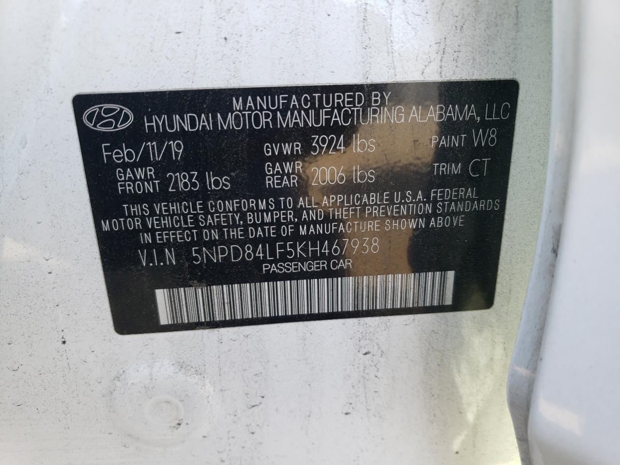 5NPD84LF5KH467938 2019 Hyundai Elantra Sel