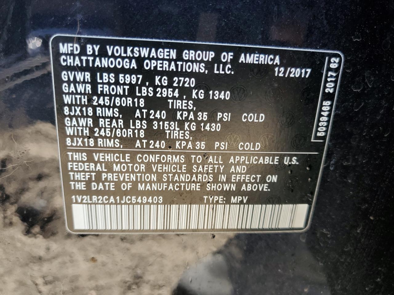 1V2LR2CA1JC549403 2018 Volkswagen Atlas Se