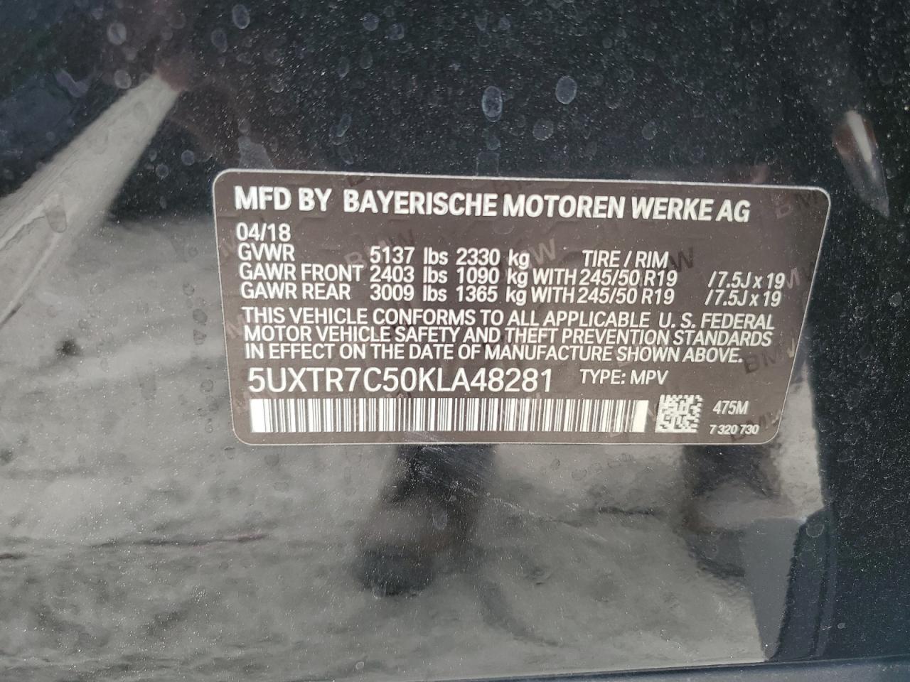 5UXTR7C50KLA48281 2019 BMW X3 Sdrive30I