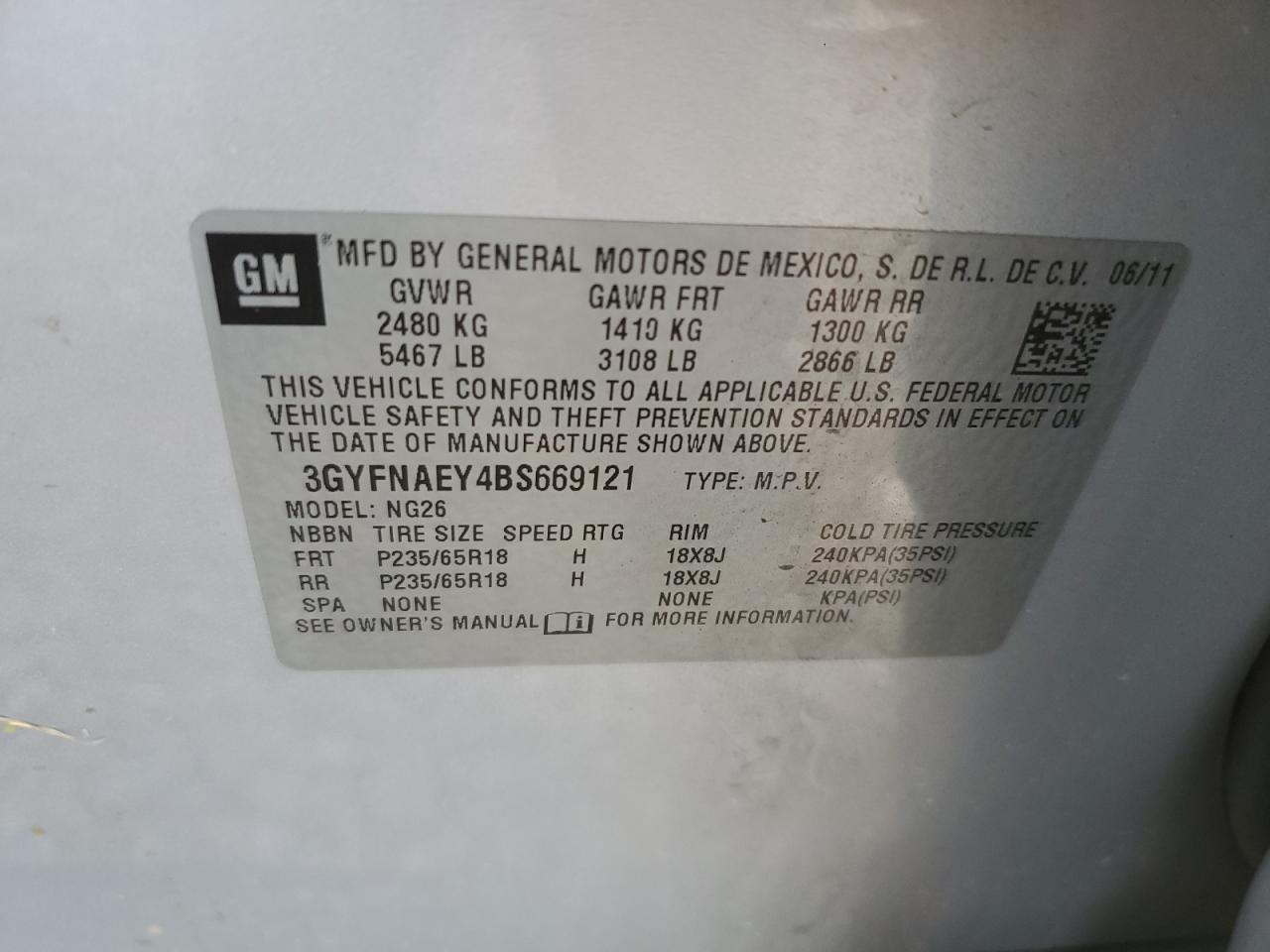 3GYFNAEY4BS669121 2011 Cadillac Srx Luxury Collection