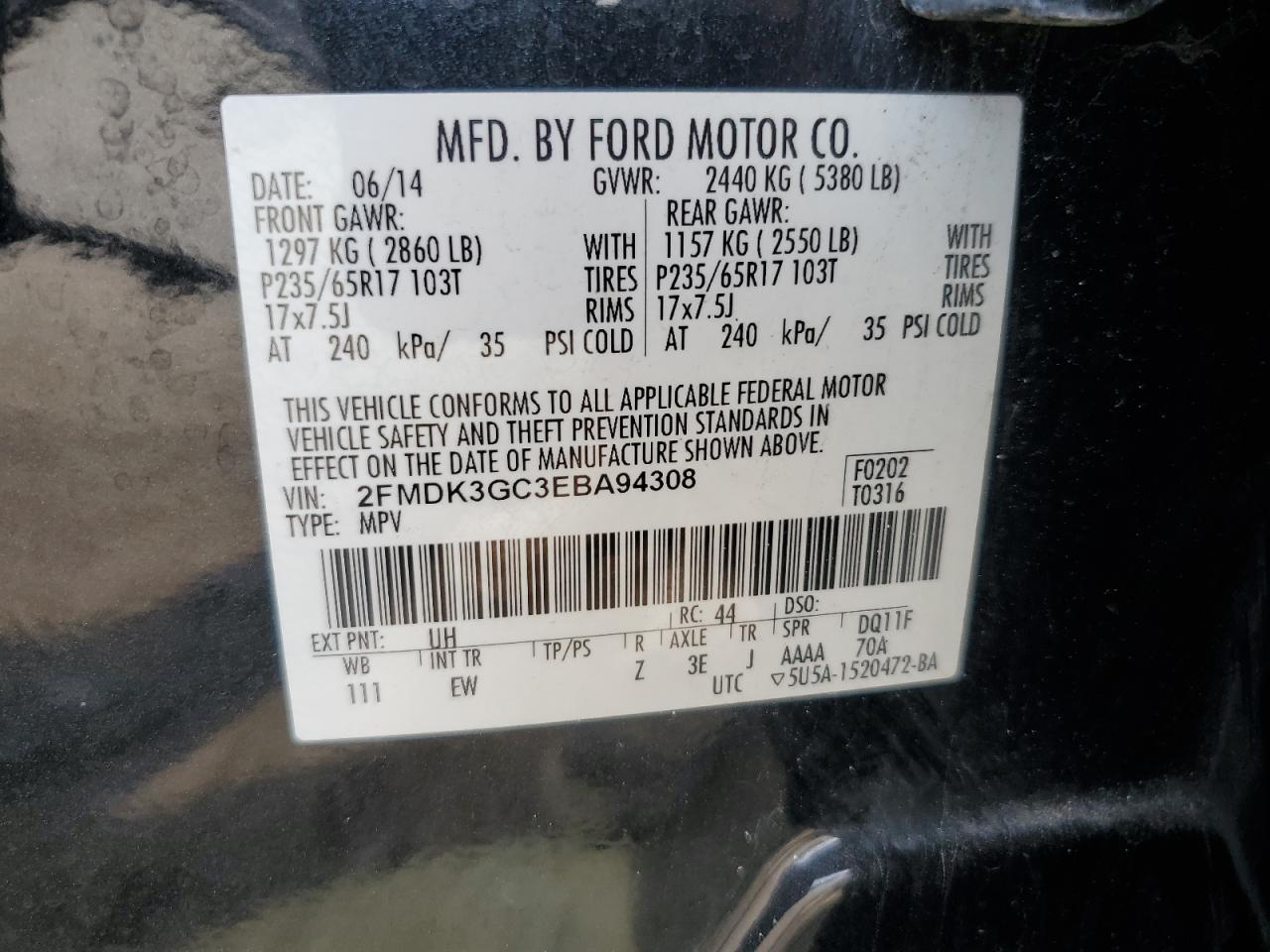 2FMDK3GC3EBA94308 2014 Ford Edge Se
