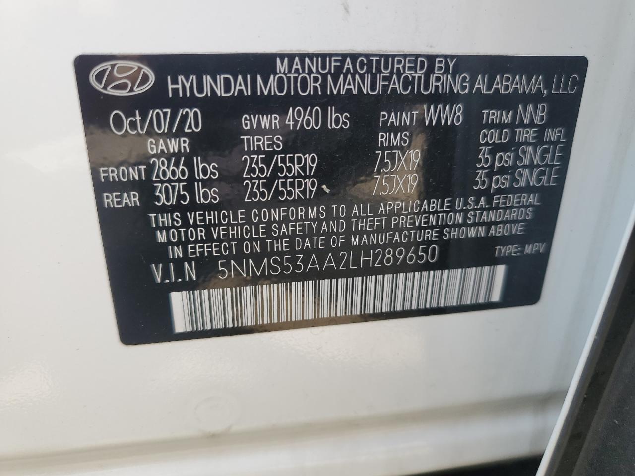 5NMS53AA2LH289650 2020 Hyundai Santa Fe Limited