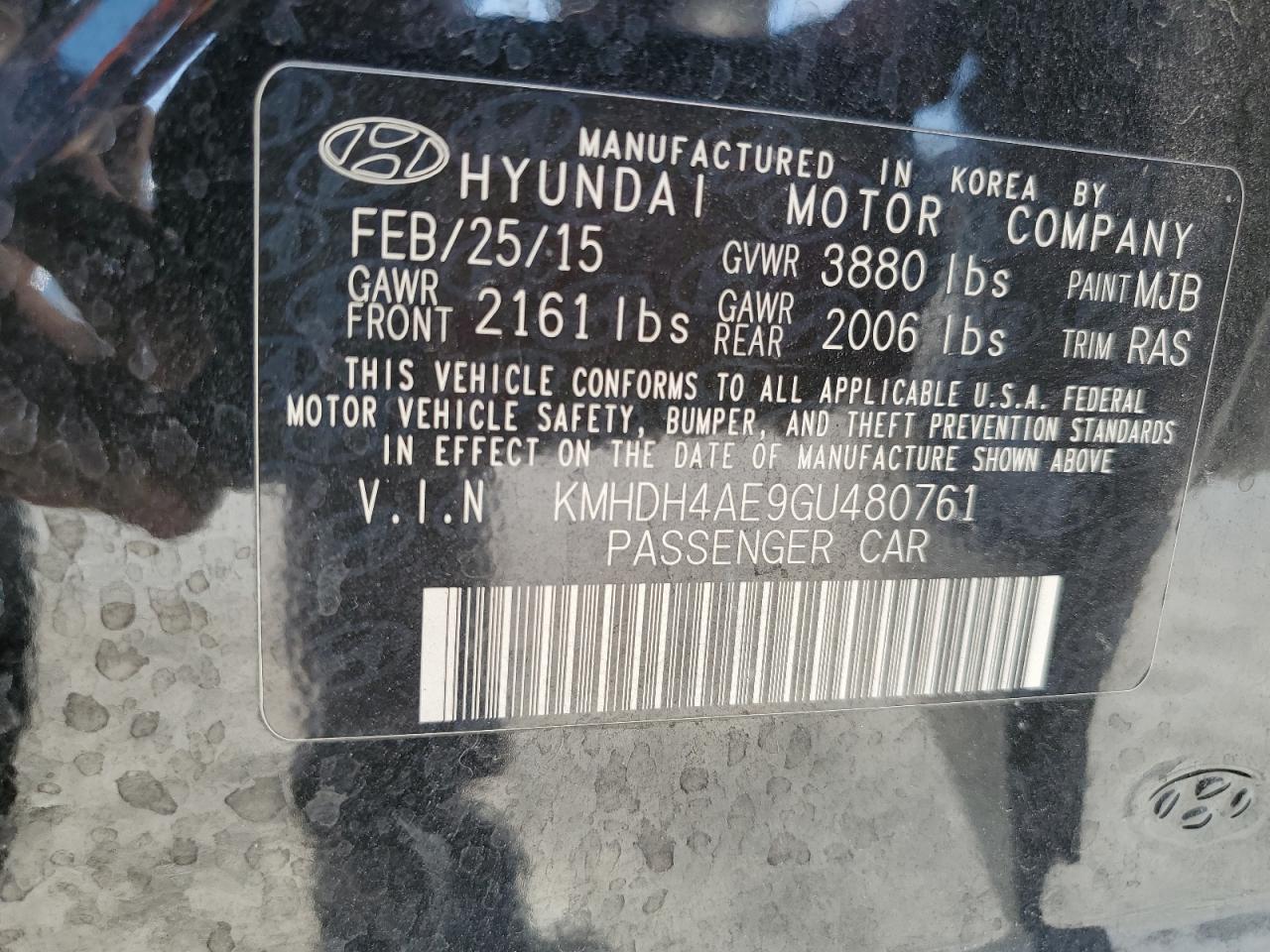 2016 Hyundai Elantra Se vin: KMHDH4AE9GU480761