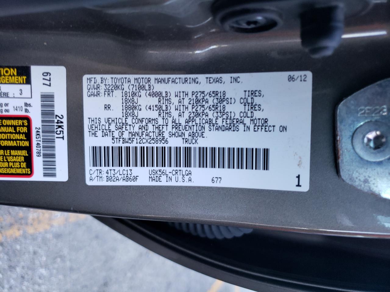 5TFBW5F12CX258956 2012 Toyota Tundra Double Cab Limited