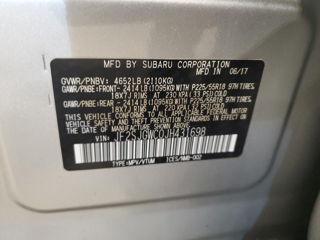 JF2SJGWC0JH431698 2018 Subaru Forester 2.0Xt Touring