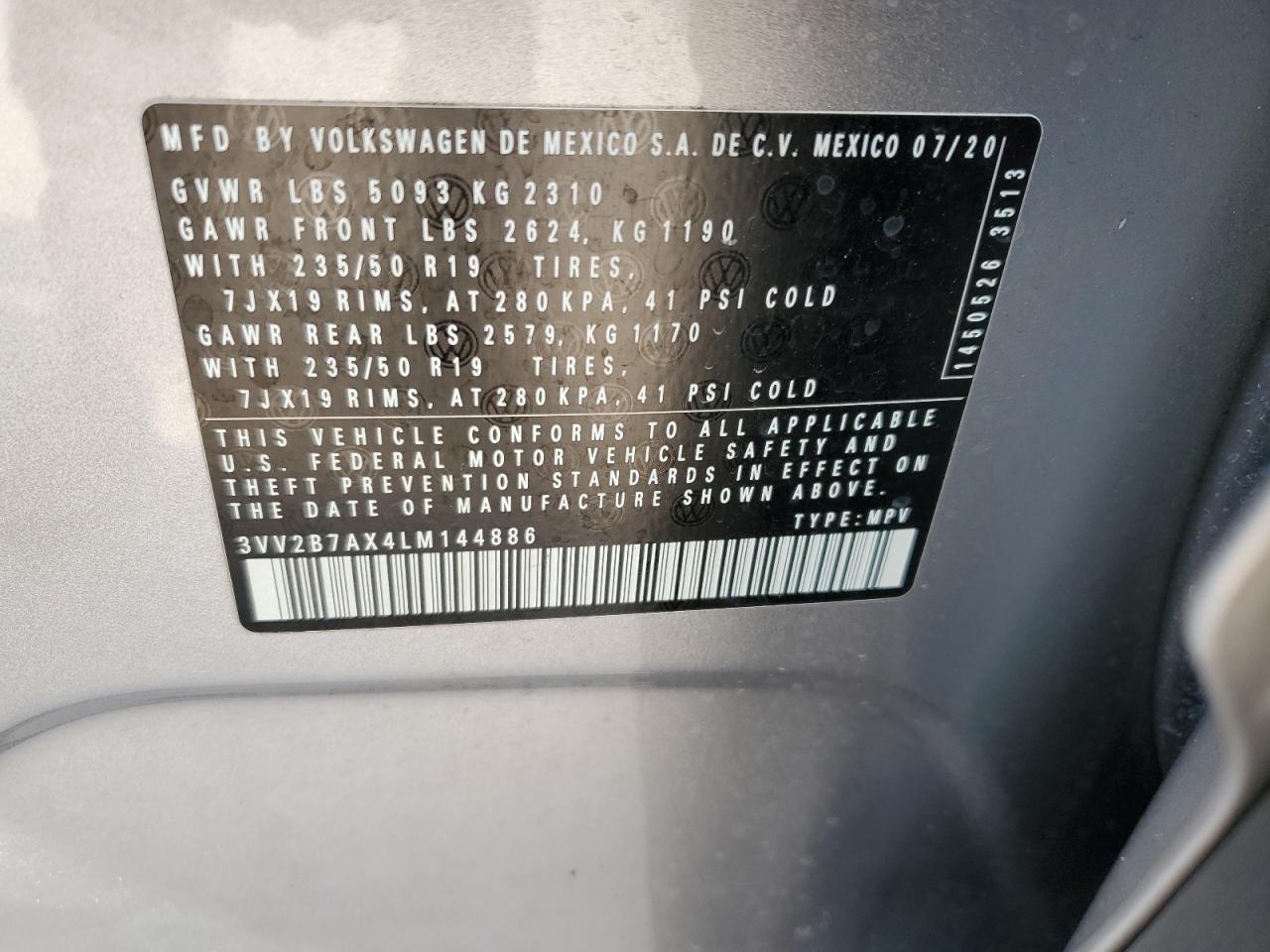 3VV2B7AX4LM144886 2020 Volkswagen Tiguan Se