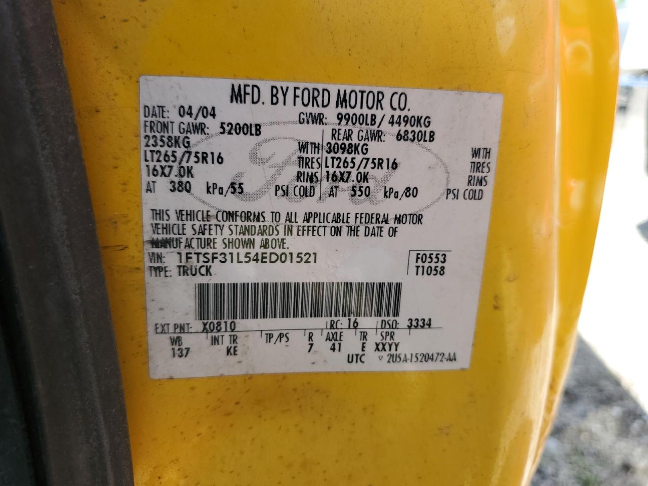 1FTSF31L54ED01521 2004 Ford F350 Srw Super Duty