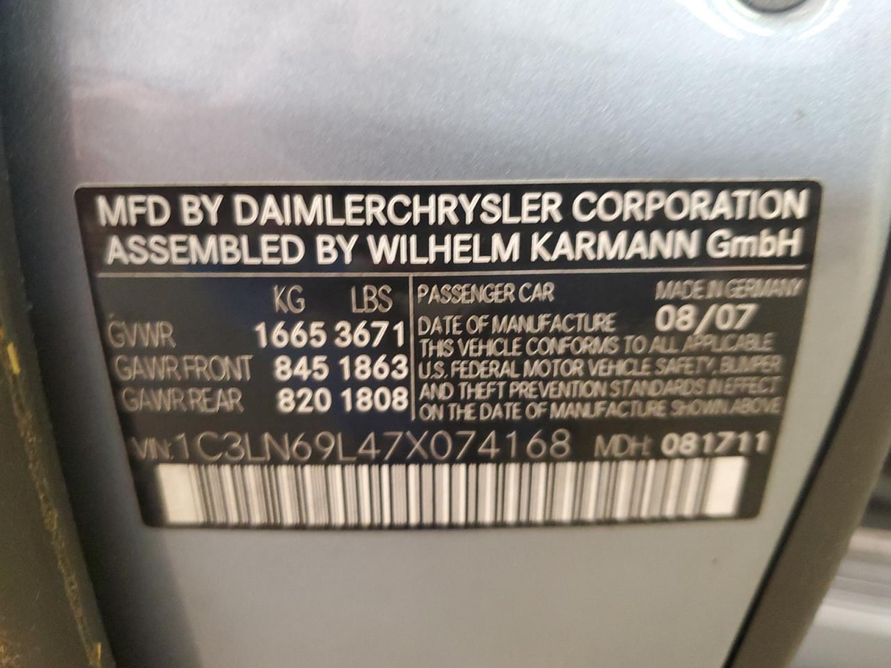 1C3LN69L47X074168 2007 Chrysler Crossfire Limited