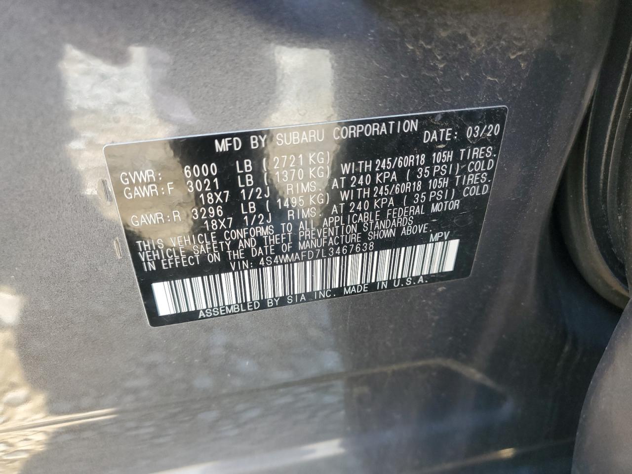 4S4WMAFD7L3467638 2020 Subaru Ascent Premium