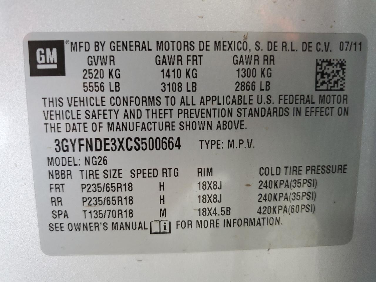 3GYFNDE3XCS500664 2012 Cadillac Srx Luxury Collection