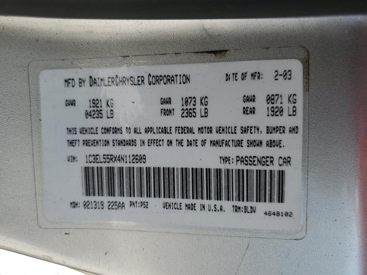 1C3EL55RX4N112609 2004 Chrysler Sebring Lxi