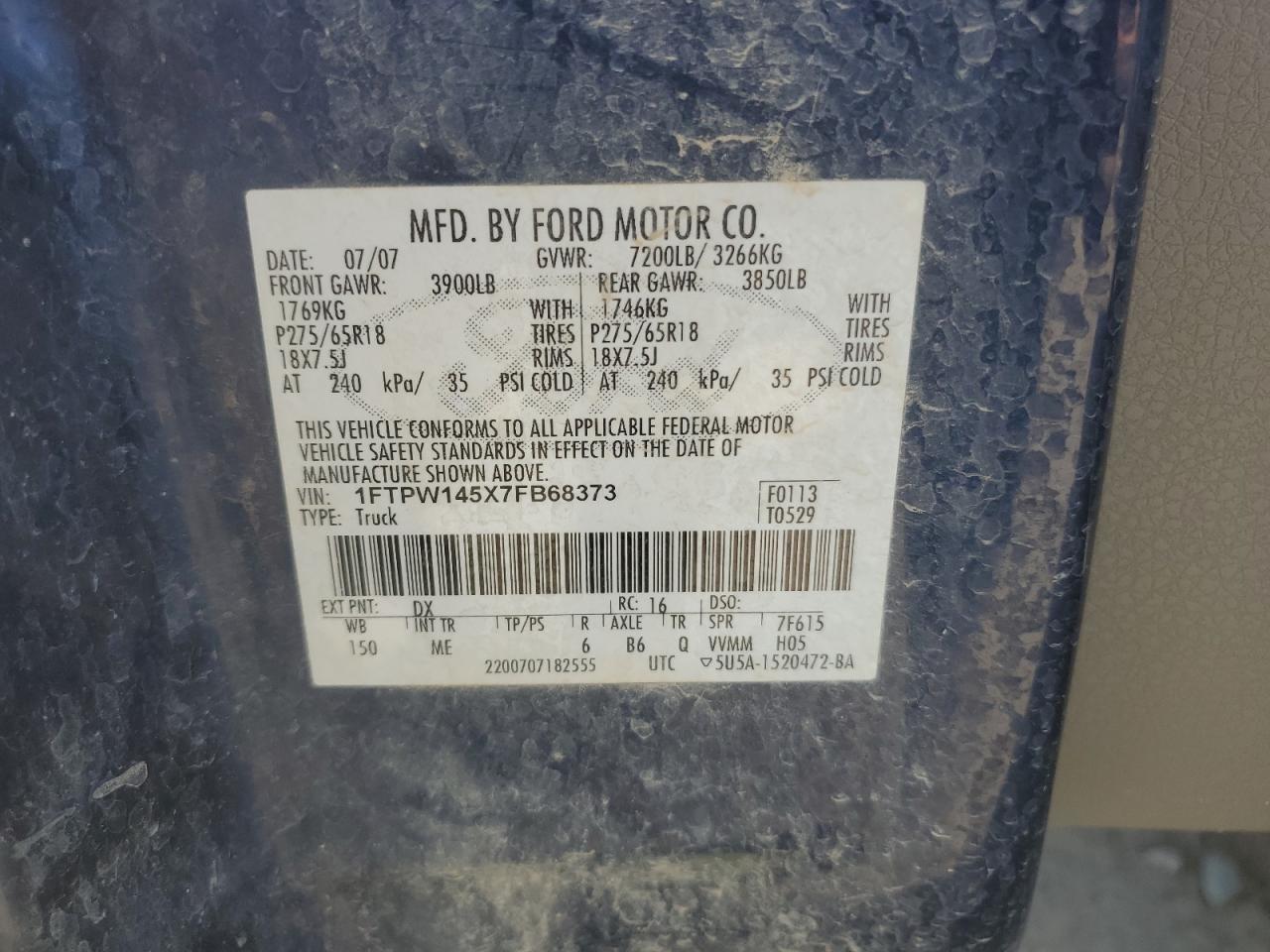 1FTPW145X7FB68373 2007 Ford F150 Supercrew