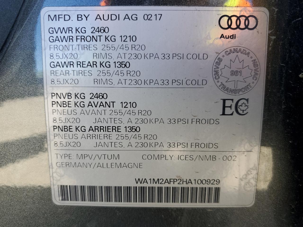 WA1M2AFP2HA100929 2017 Audi Q5 Premium Plus