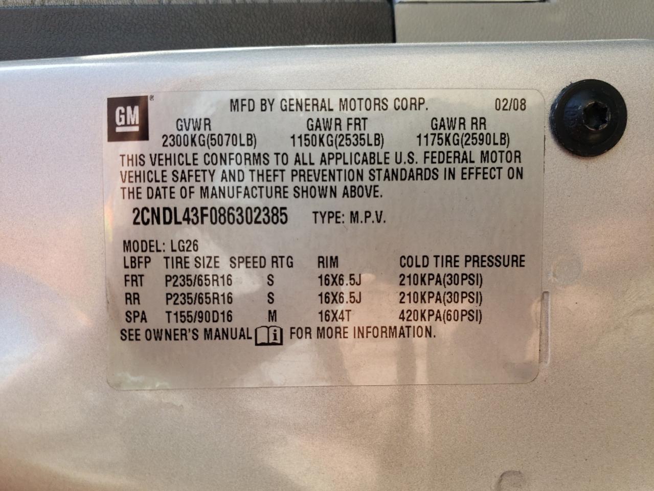 2CNDL43F086302385 2008 Chevrolet Equinox Lt