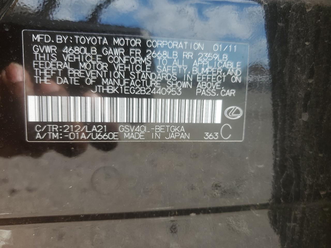 JTHBK1EG2B2440953 2011 Lexus Es 350