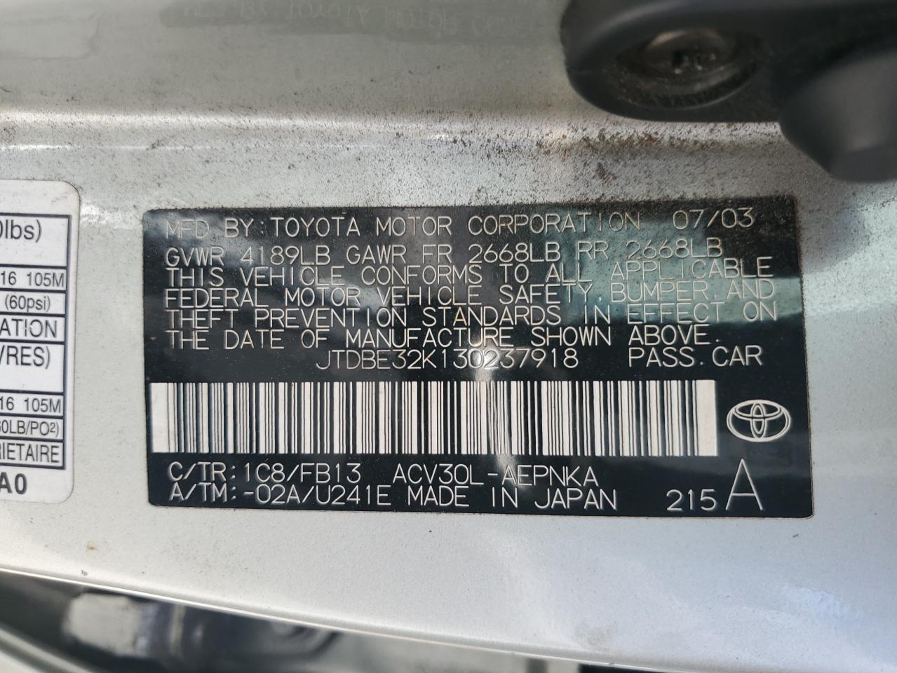 JTDBE32K130237918 2003 Toyota Camry Le