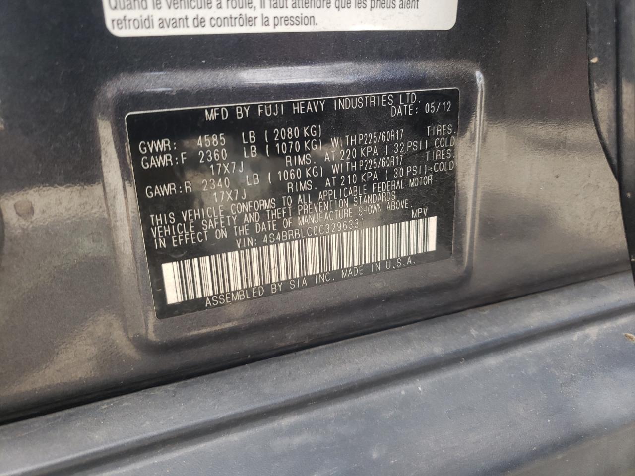 4S4BRBLC0C3296331 2012 Subaru Outback 2.5I Limited