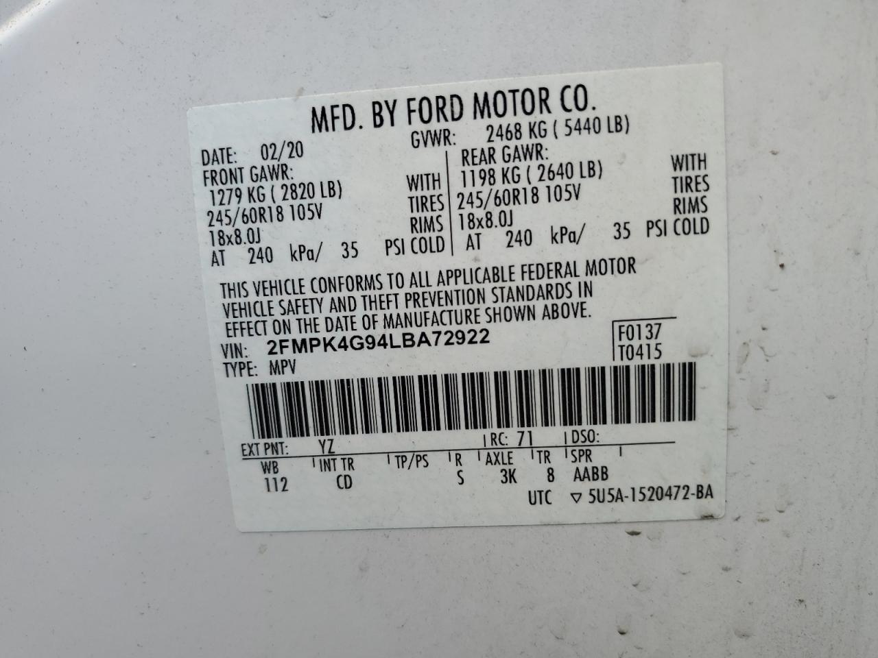 2FMPK4G94LBA72922 2020 Ford Edge Se