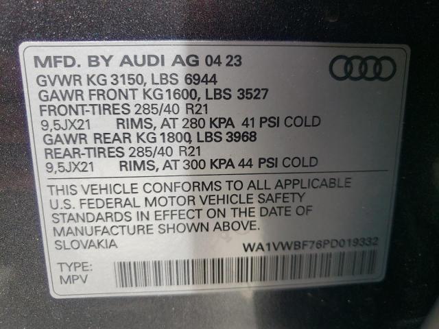 2023 Audi Sq7 Prestige VIN: WA1VWBF76PD019332 Lot: 59294704