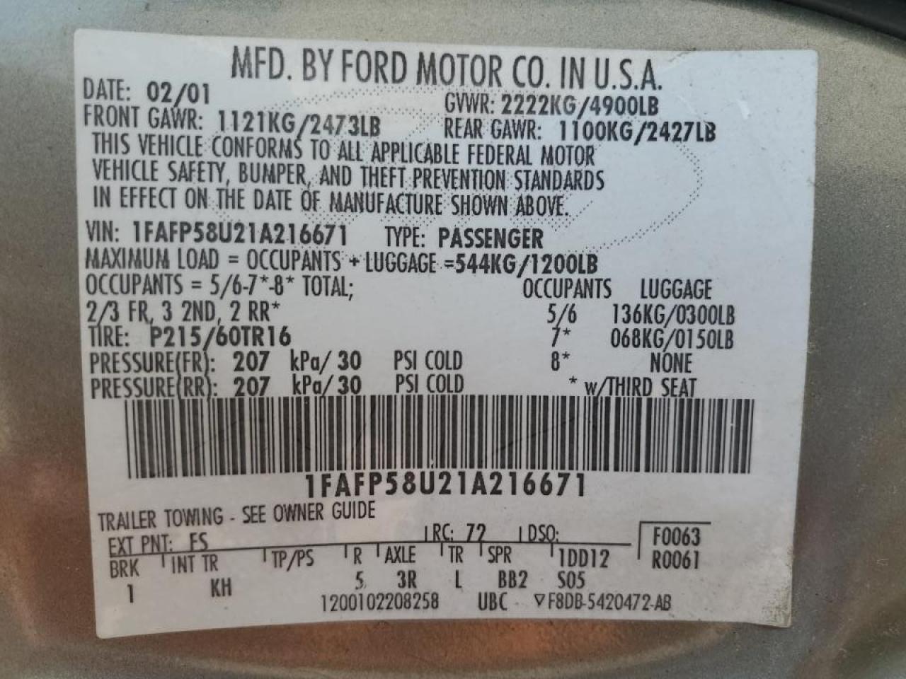 1FAFP58U21A216671 2001 Ford Taurus Se