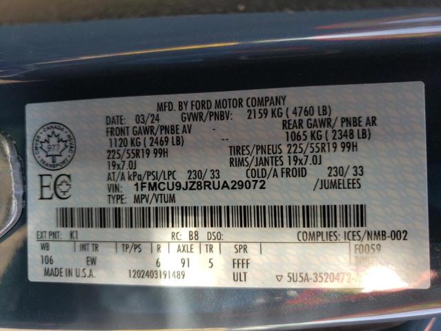 2024 Ford Escape Platinum VIN: 1FMCU9JZ8RUA29072 Lot: 60258794