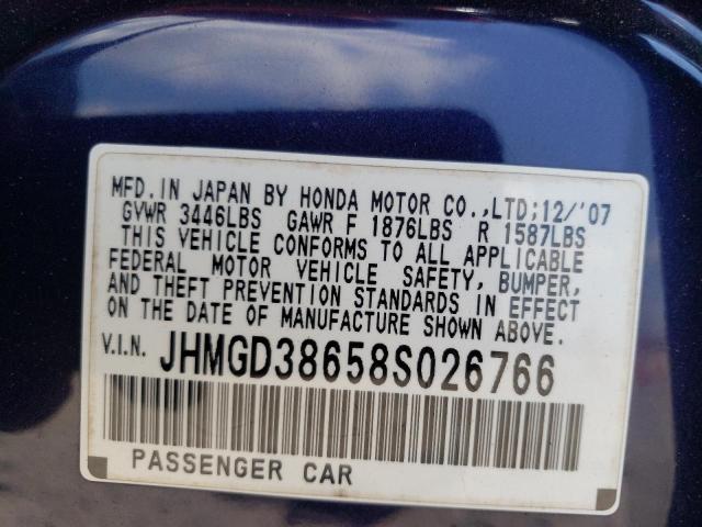 2008 Honda Fit Sport VIN: JHMGD38658S026766 Lot: 59164914