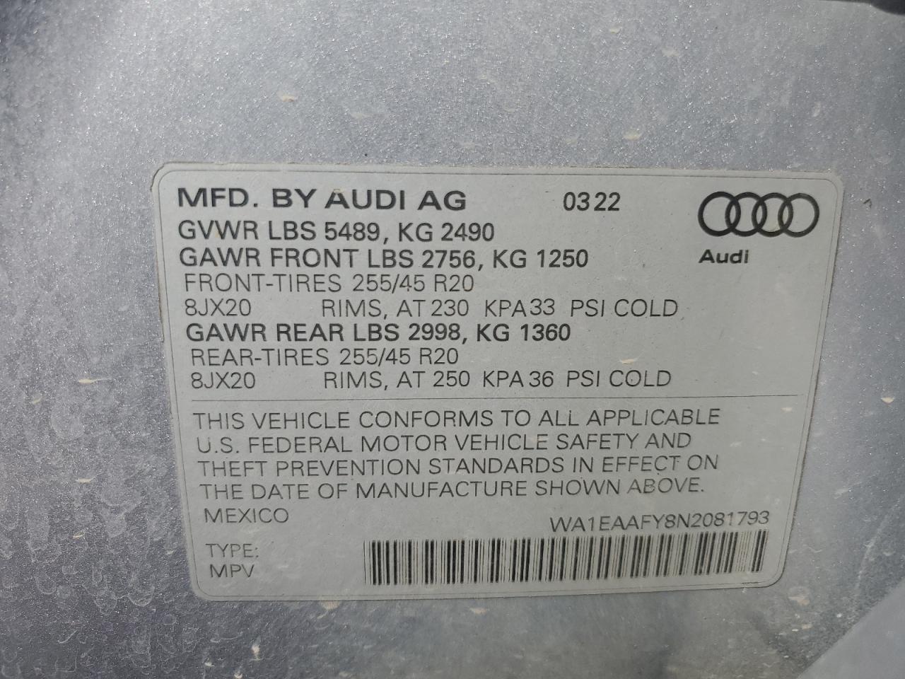 WA1EAAFY8N2081793 2022 Audi Q5 Premium Plus 45