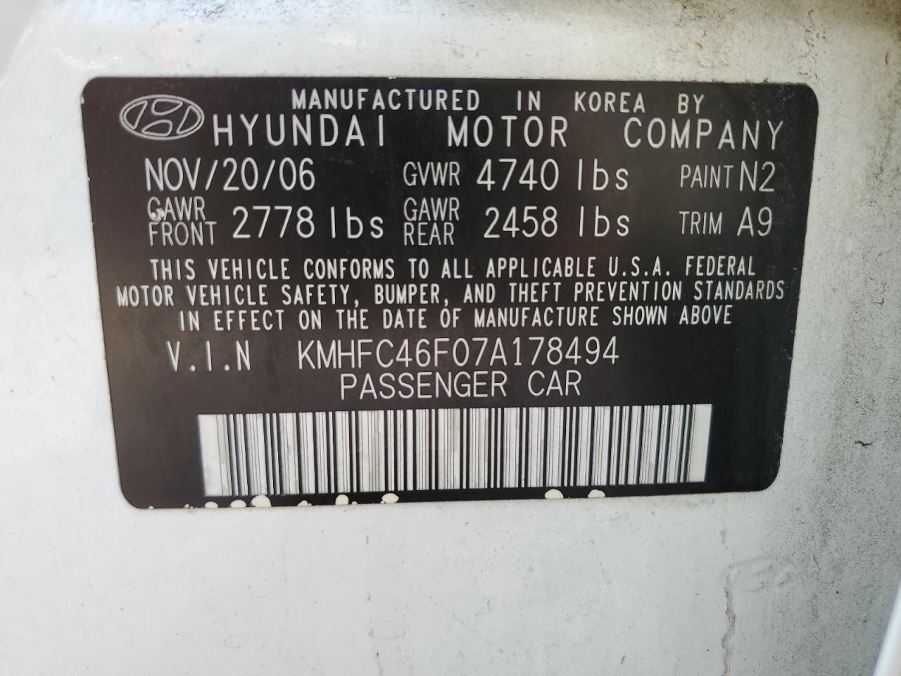 KMHFC46F07A178494 2007 Hyundai Azera Se