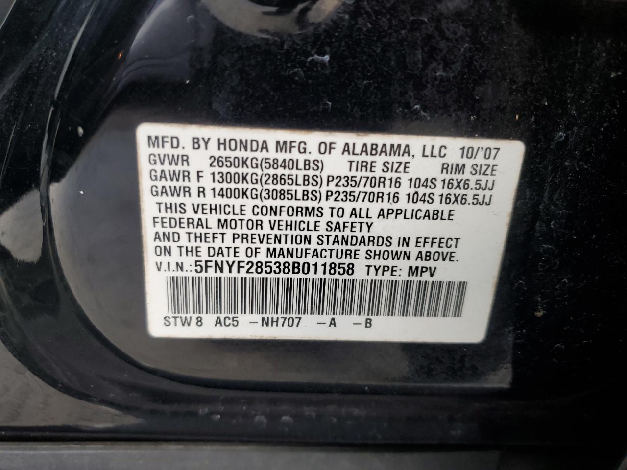 5FNYF28538B011858 2008 Honda Pilot Exl