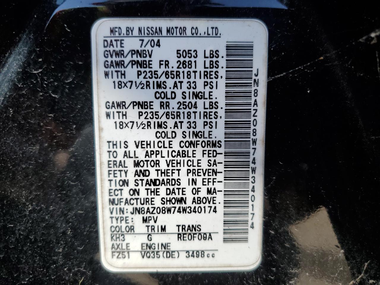 JN8AZ08W74W340174 2004 Nissan Murano Sl