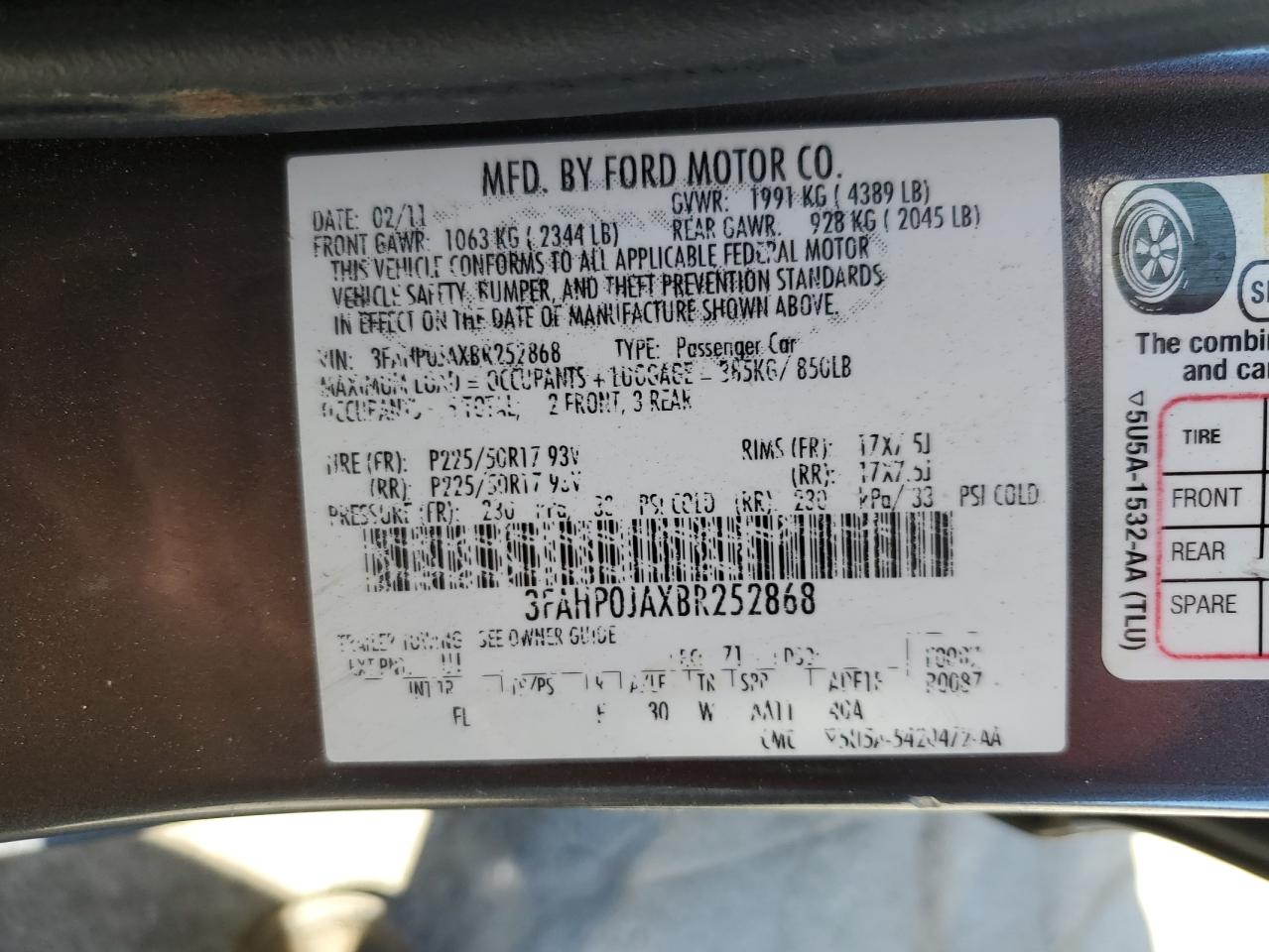 3FAHP0JAXBR252868 2011 Ford Fusion Sel