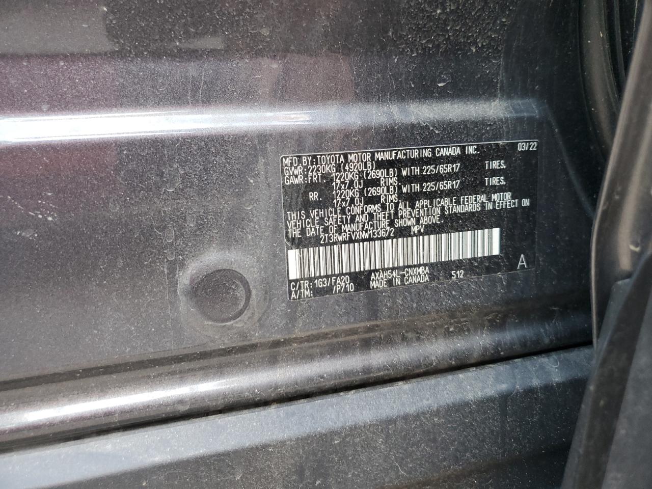 2T3RWRFVXNW133672 2022 Toyota Rav4 Xle