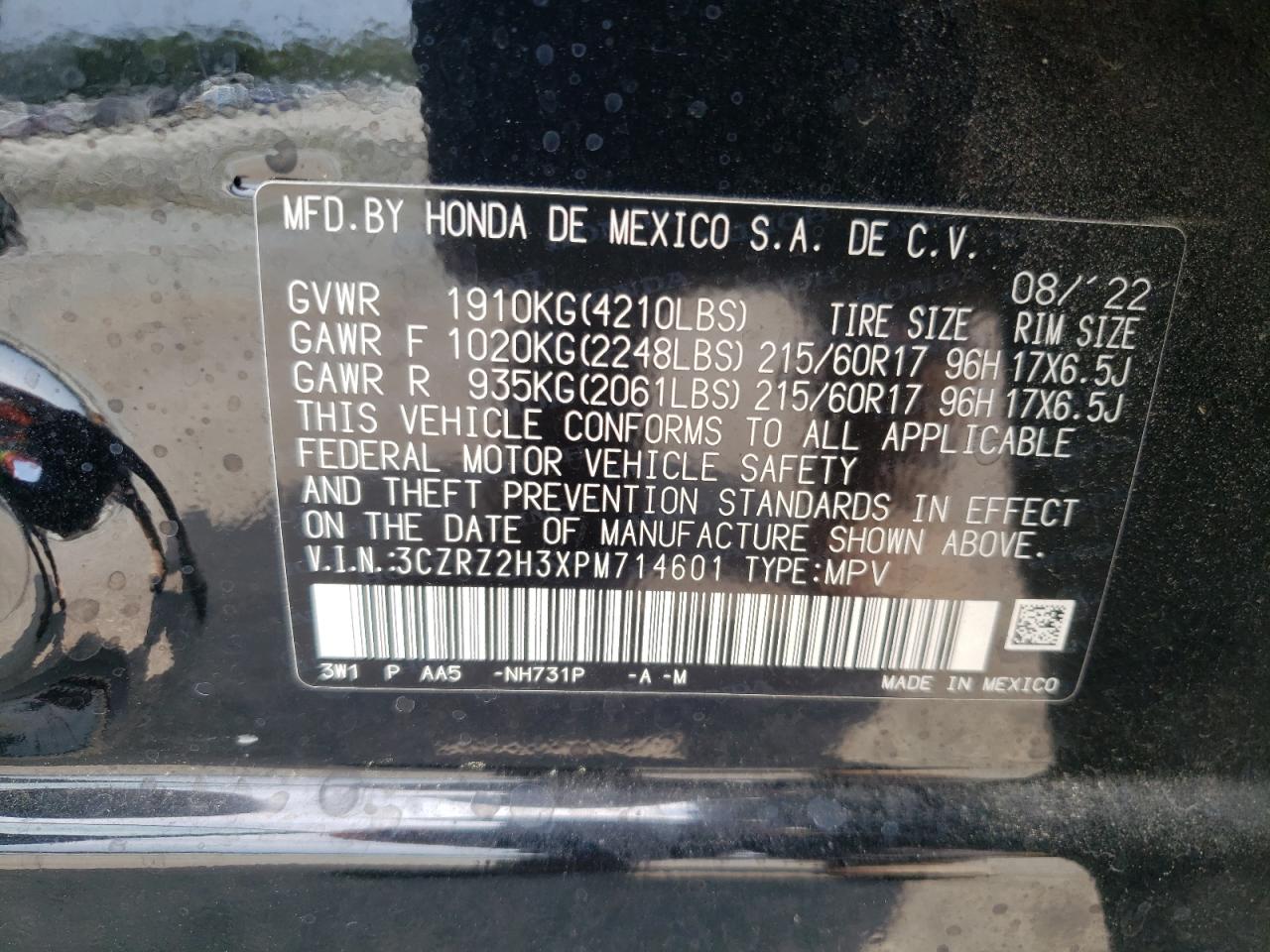 3CZRZ2H3XPM714601 2023 Honda Hr-V Lx