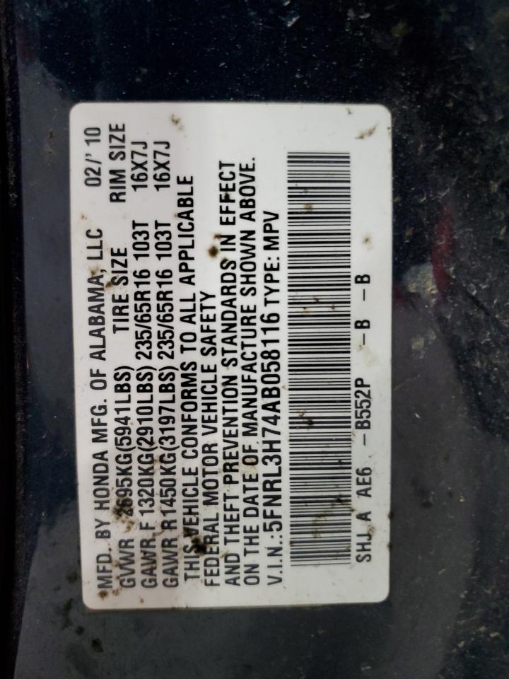 5FNRL3H74AB058116 2010 Honda Odyssey Exl