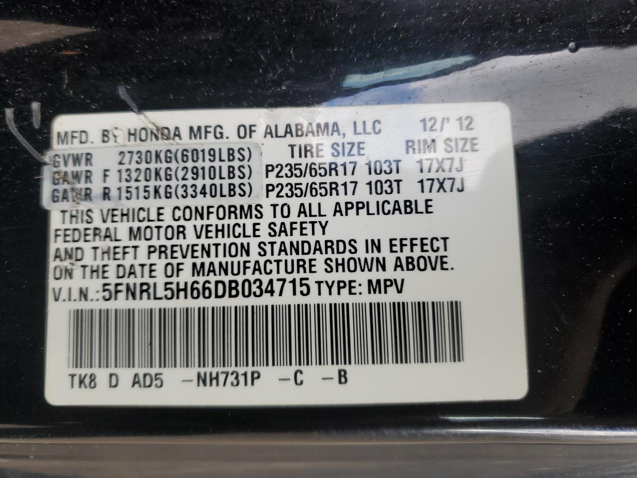 5FNRL5H66DB034715 2013 Honda Odyssey Exl