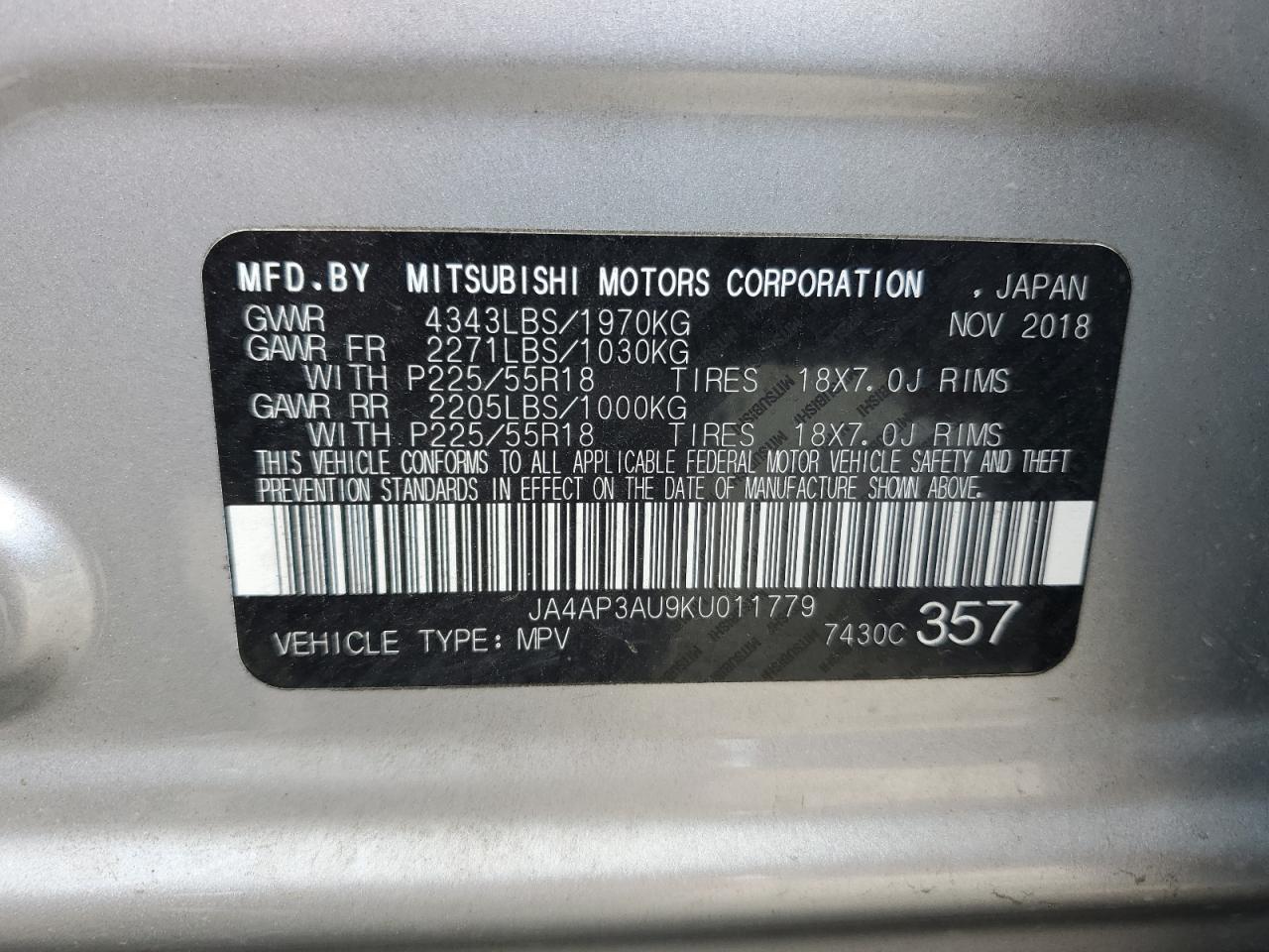 JA4AP3AU9KU011779 2019 Mitsubishi Outlander Sport Es