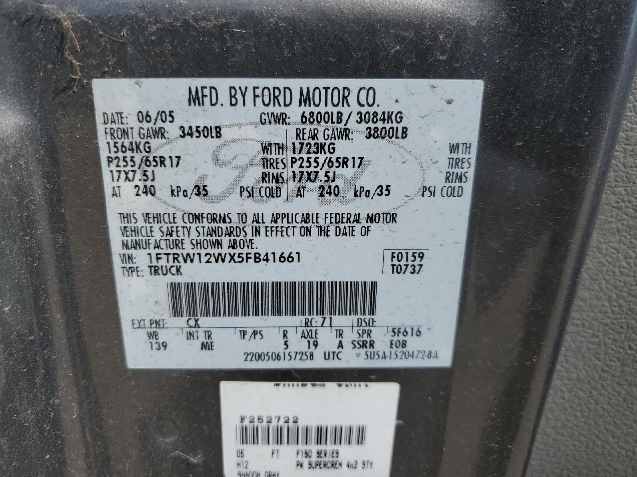 1FTRW12WX5FB41661 2005 Ford F150 Supercrew