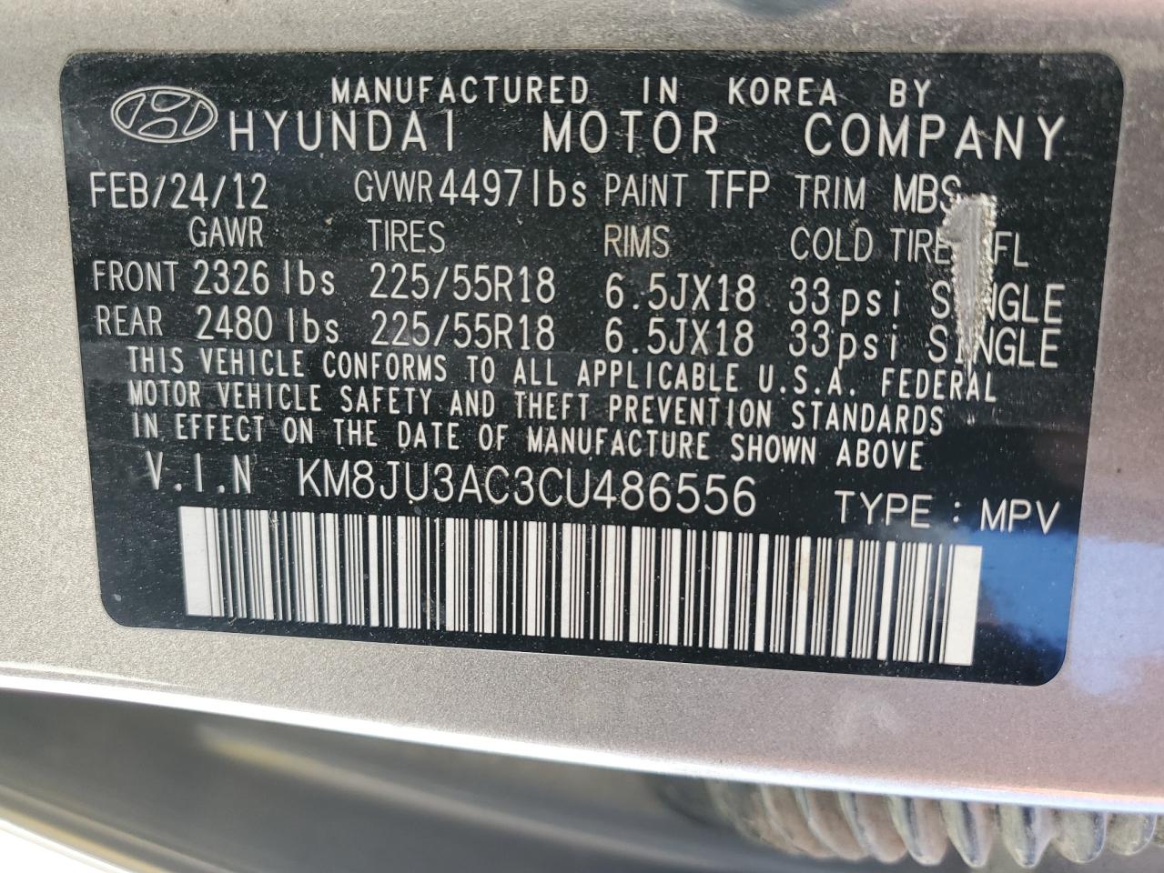 KM8JU3AC3CU486556 2012 Hyundai Tucson Gls