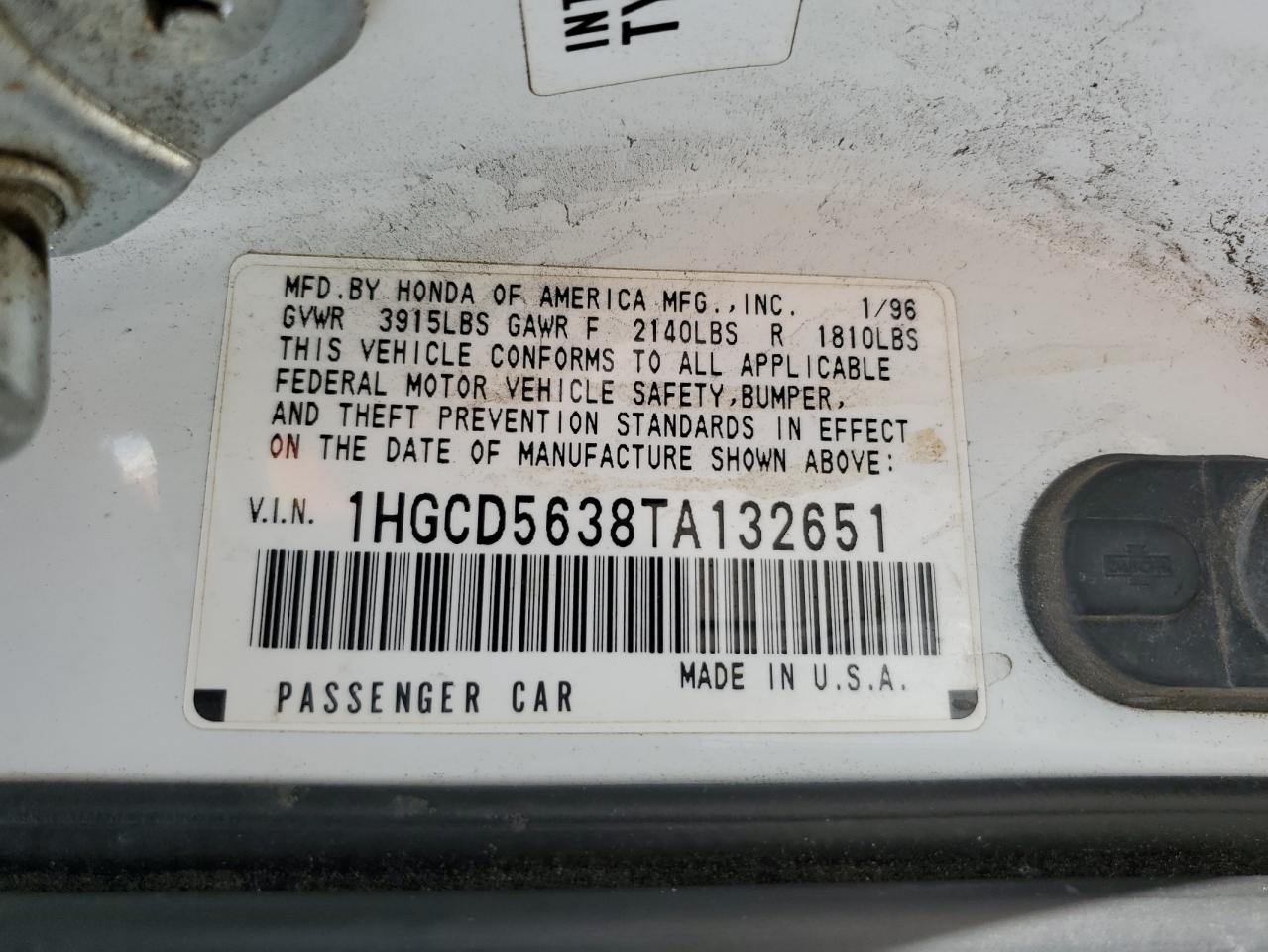 1HGCD5638TA132651 1996 Honda Accord Lx