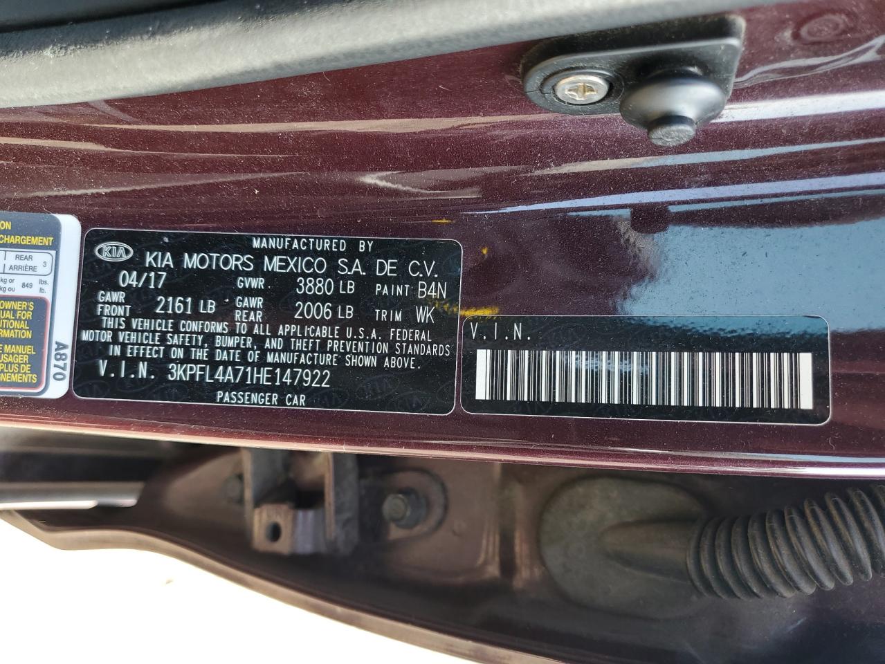 3KPFL4A71HE147922 2017 Kia Forte Lx