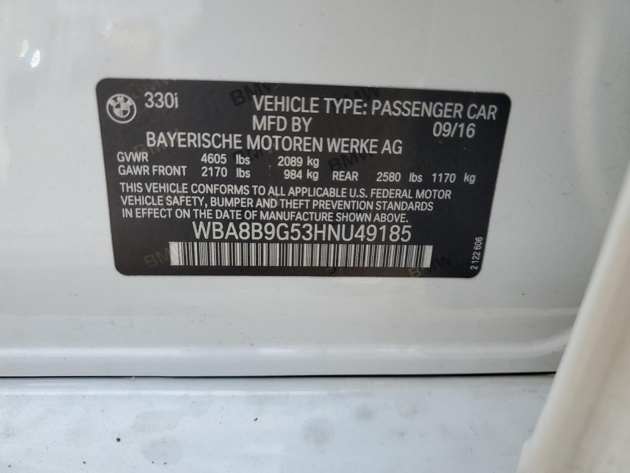 WBA8B9G53HNU49185 2017 BMW 330 I