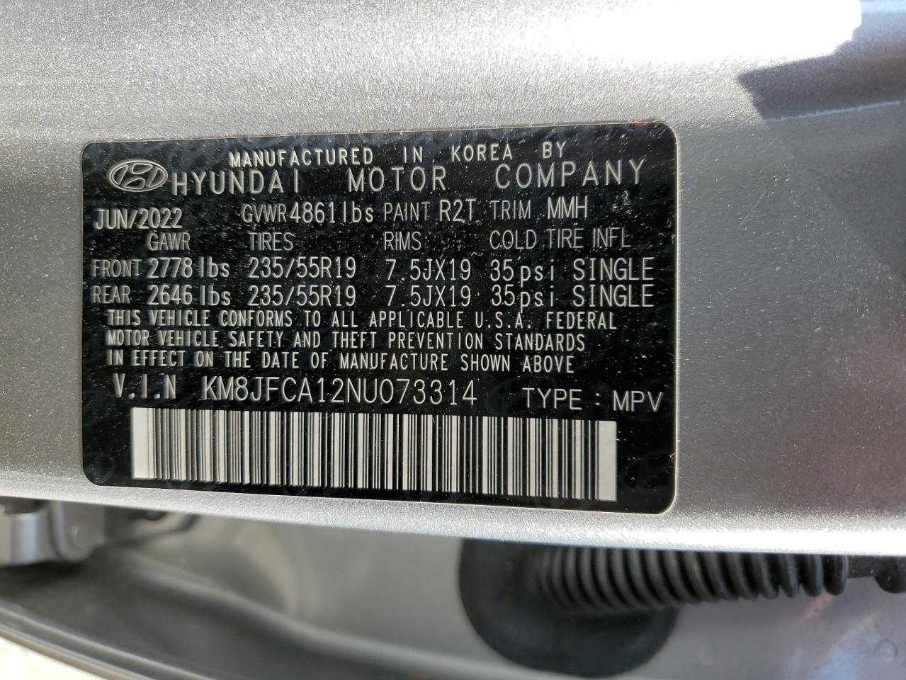 KM8JFCA12NU073314 2022 Hyundai Tucson Sel Convenience