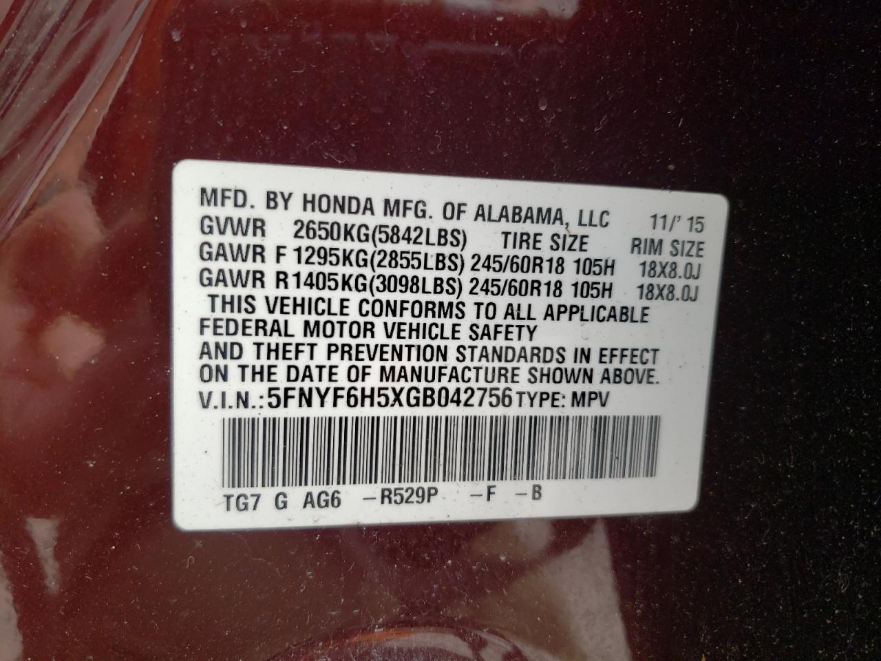 5FNYF6H5XGB042756 2016 Honda Pilot Exl