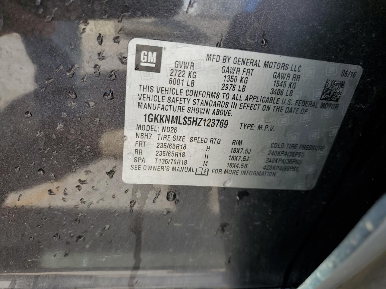 1GKKNMLS5HZ123769 2017 GMC Acadia Slt-1