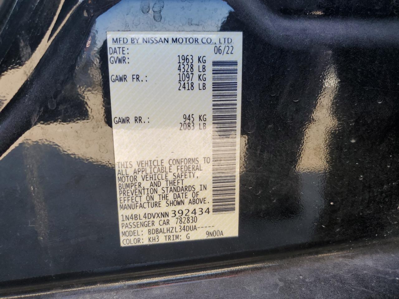 2022 Nissan Altima Sv vin: 1N4BL4DVXNN392434